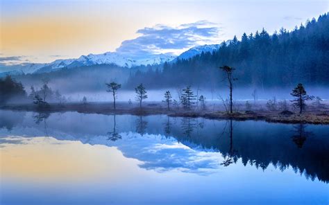 Nature Landscape Mist Lake Sunrise Forest Mountains