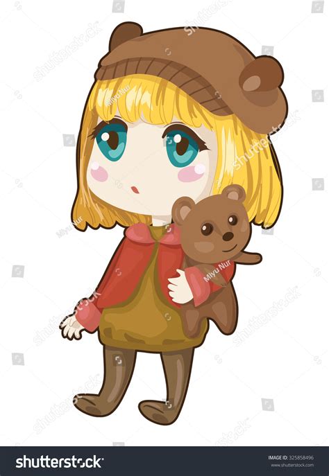 Little Anime Girl With Her Teddy Bear Stock Vector