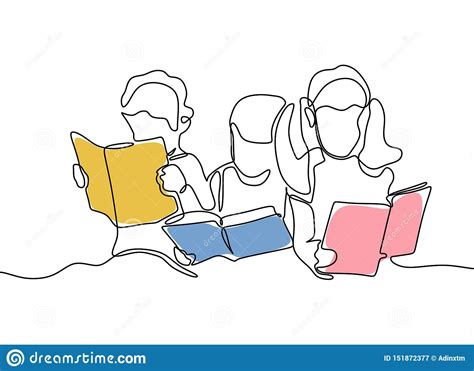 Group Of Children Read Book Continuous One Line Drawing Stock