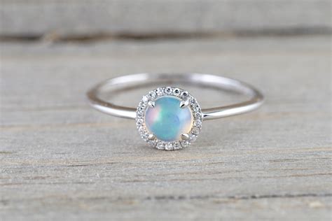 14k White Gold Round Opal Diamond Halo Ring In 2021 Engagement Rings