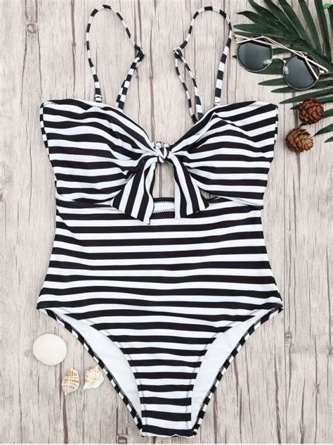 Comes In Monochrome Hue This Stripe Print One Piece Features Removable
