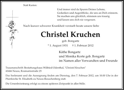 Alle Traueranzeigen für Christel Kruchen trauer rp online de