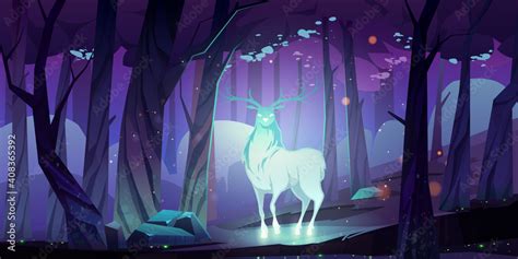 Mystical Glowing Deer Silhouette In Dark Forest At Night Vector
