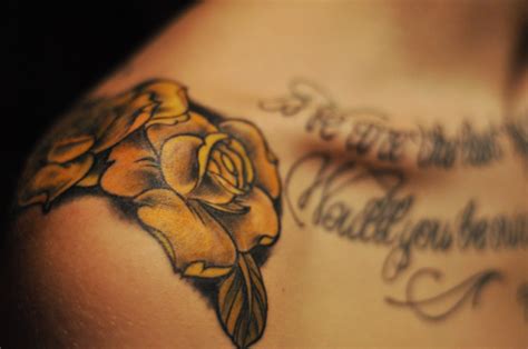 Mens Yellow Rose Flower Tattoo On Shoulder