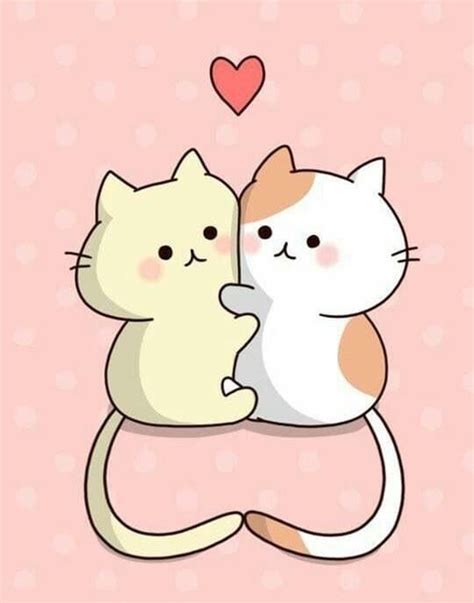 Two Cats Hugging Each Other In Front Of A Pink Background With Hearts