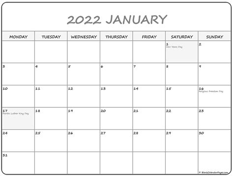 20 Printable January 2022 Calendar With Holidays Blank Free Printable