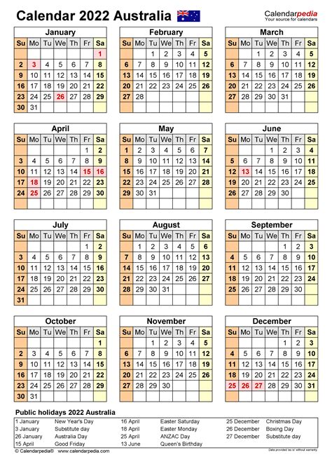 2022 Calendar With Holidays Printable Australia