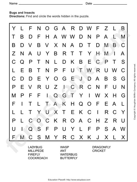 Bugs And Insects Word Search Puzzle Template Printable Pdf Download