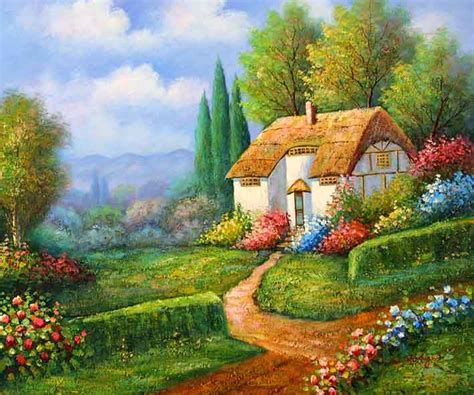 English Country Cottage Landscape Paintings Cottage Art Landscape