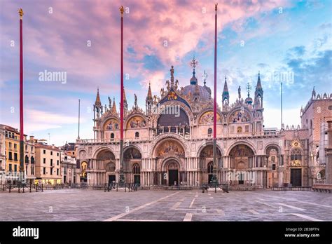Cathedral Basilica Of Saint Mark Viewed From Piazza San Marco At Sunrise Venice Italy Stock