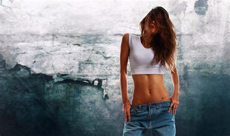 Women Model Anton Shabunin Long Hair Skinny Belly Innie Navel White Tops Jeans Tank Top