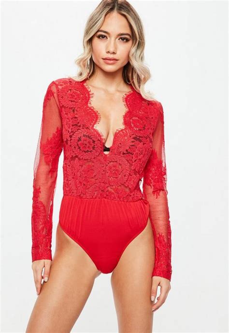 red long sleeve plunge bodysuit missguided