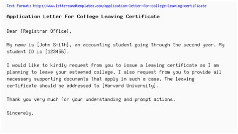application letter format  college leaving certificate