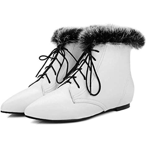 Womens Faux Rabbit Fur Low Heel Winter Snow Boot Lace Up Pointed Toe