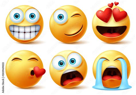 Emojis And Emoticons Face Vector Set Emoticon Of Cute Yellow Faces In Kissing In Love Crying