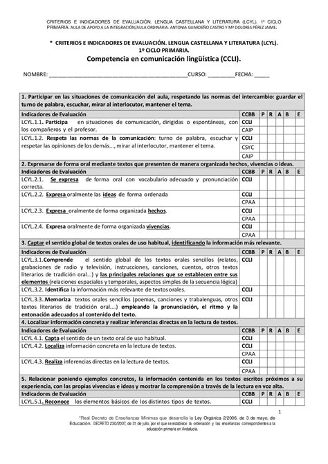 Registro Criterios De Evaluación 1º Ciclo Evaluacion Evaluación