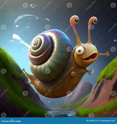 Cartoon Snail Is Running Through Grassy Field Generative Ai Stock