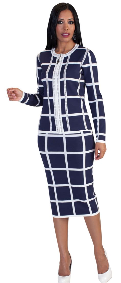 Kayla Knit Skirt Suit 5198 Navywhite Elegant Church Suits Church