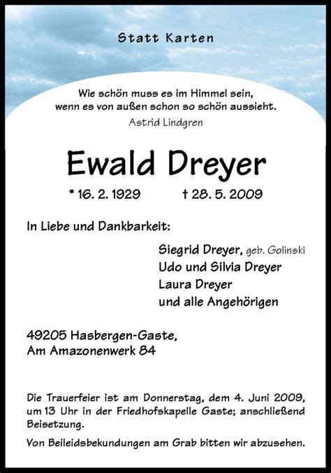 Traueranzeigen Von Ewald Dreyer Noz Trauerportal