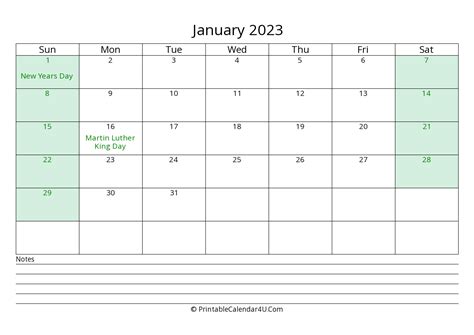 January 2023 Calendar With Us Holidays And Notes Landscape Layout