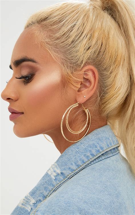 Gold Large Double Hoop Earrings Accessories Prettylittlething Usa