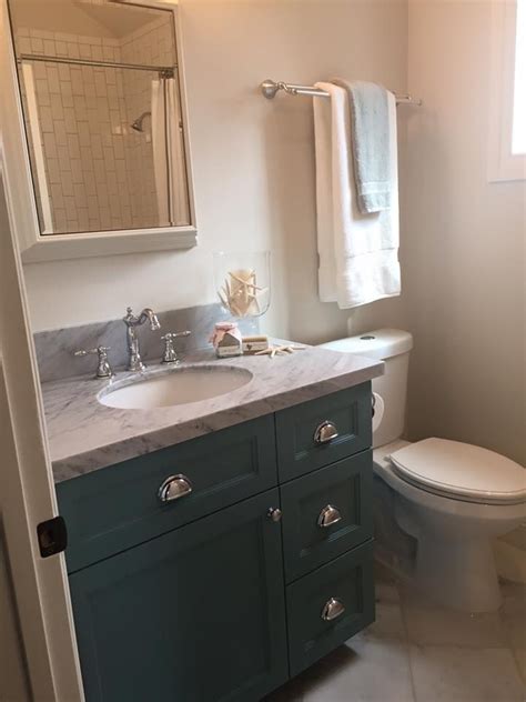 Find ideas for bathroom vanities with double the space, double the storage, and double the style. Teal cabinets, greyish countertop. | Teal cabinets ...