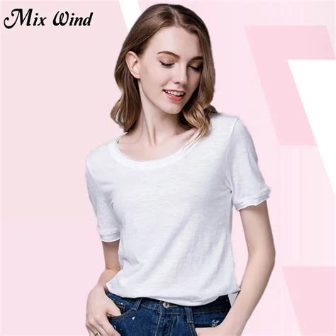 Mix Wind Loose Solid Color O Neck Short Sleeve White Female T Shirt Cotton Top Summer 2018 Women