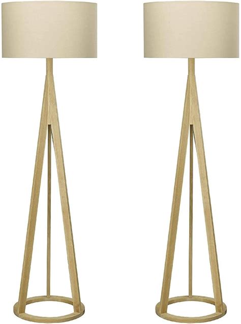 Pair Of Contemporary Wood Tripod Floor Lamp Lights With Matching