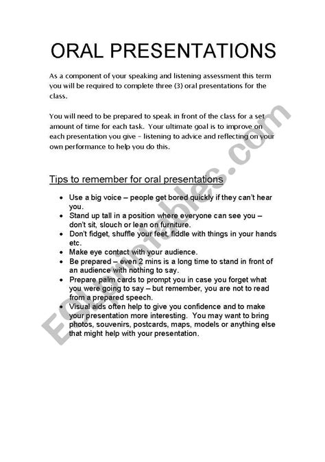 English Worksheets Oral Presentation Outline
