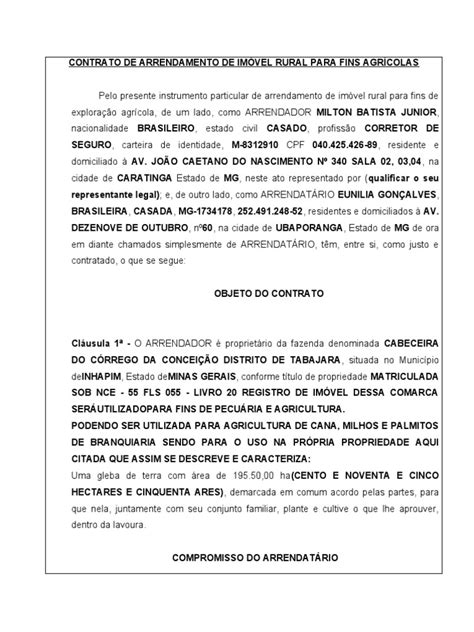 Contrato De Arrendamento De Imóvel Rural Para Fins Agrícolas Pdf