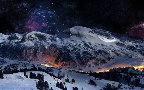 Mountain Space Stars Purple Blue Snow Valley