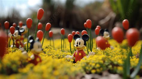 Mickey Mouse Figures In A Field Of Flowers Background Mickey Mouse