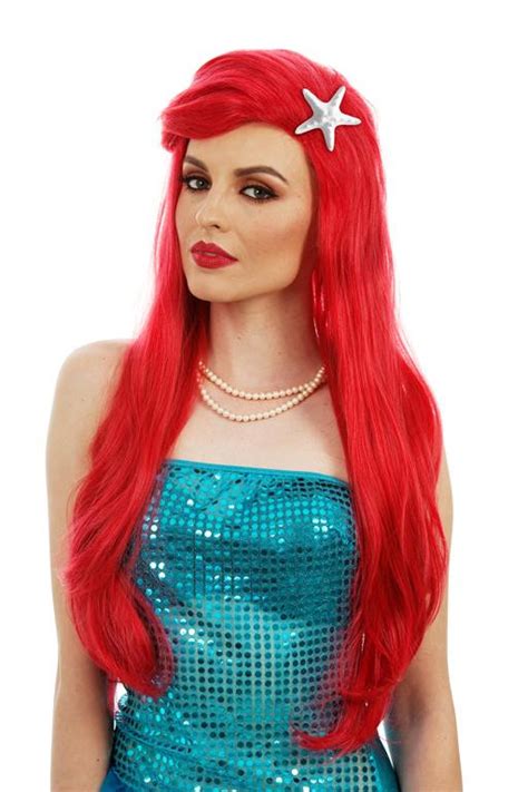 Girls Red Mermaid Wig Starfish Hair Clip Ariel Long Red Womens