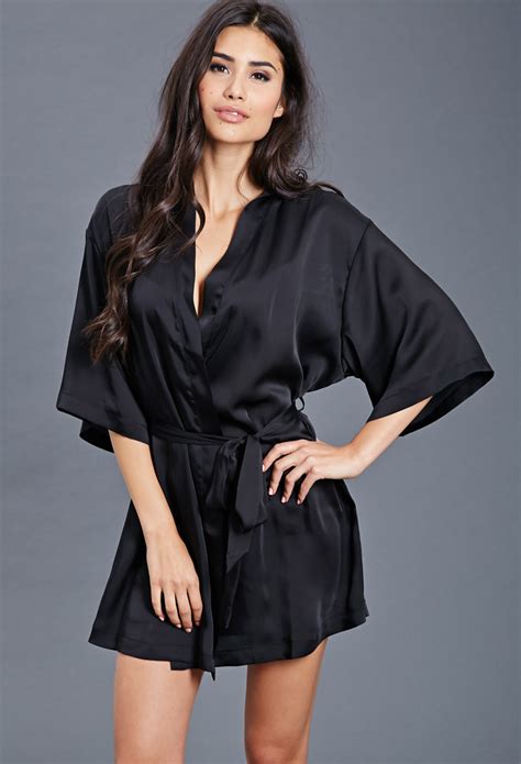 Forever 21 Lace Paneled Satin Robe In Black Lyst