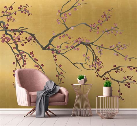 Chinoiserie Gold Metallic Cherry Blossom Wallpaper Luxury Etsy Uk