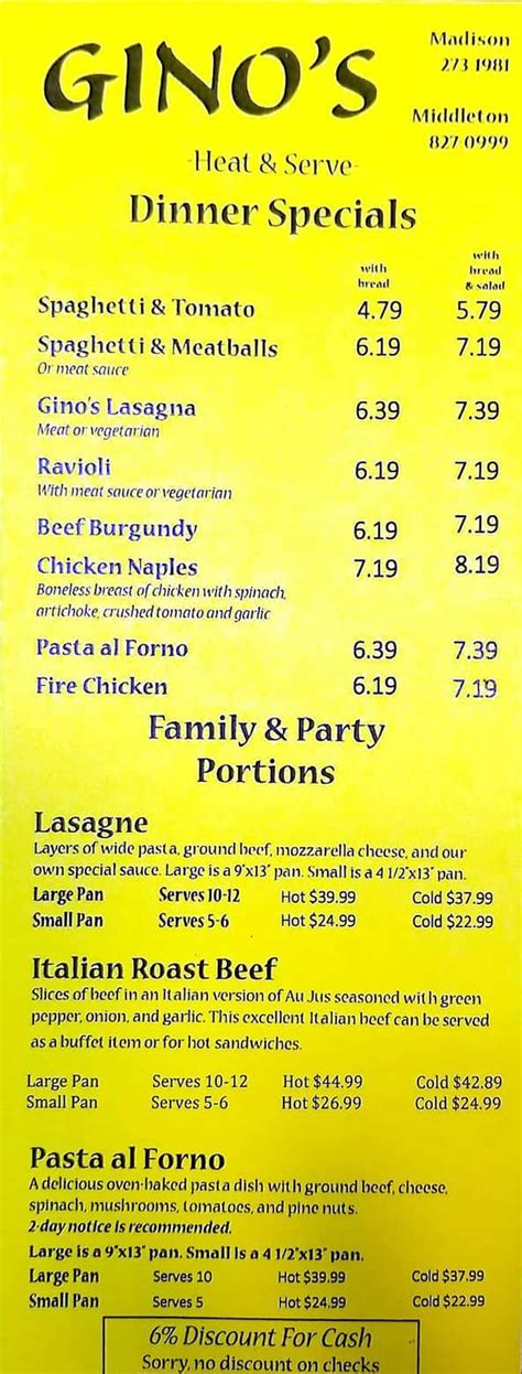 Menu At Ginos Italian Deli Restaurant Madison Verona Rd