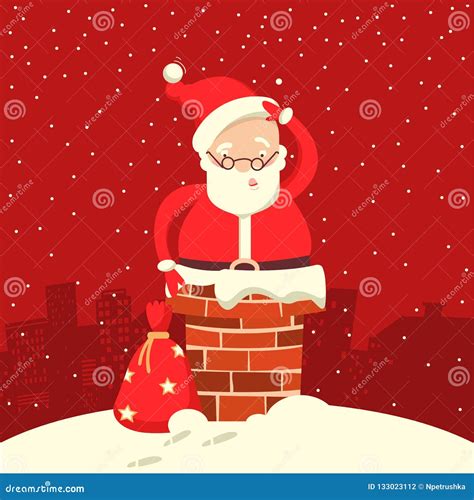 Santa Claus Stuck In The Chimney In The Christmas Night Stock Vector