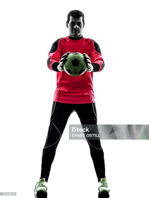 Caucasian Soccer Player Goalkeeper Man Holding Ball Silhouette Stock