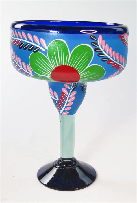 Mexican Margarita Glass Xxl 56 Oz Painted Pop Flowers On Blue