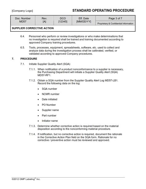 Supplier Corrective Action Sop Template Md57 Gmp Qsr