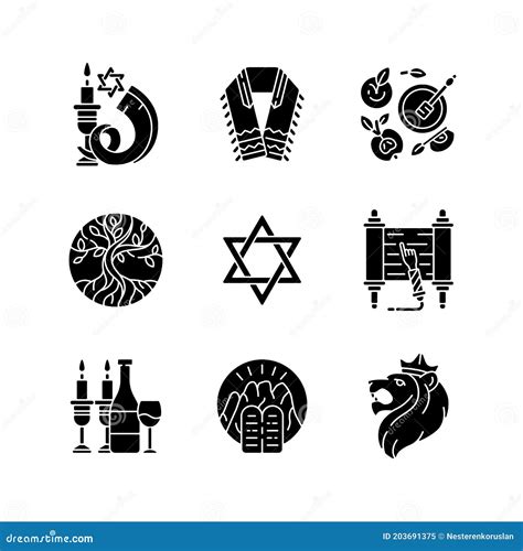 Judaism Symbols Black Glyph Icons Set On White Space Stock Vector