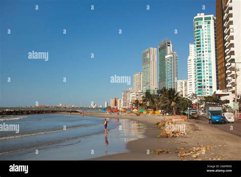 Beach Scene And Modern Buildings In Boca Grande District Cartagena De Indias Bolivar Colombia