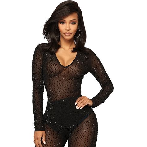 Buy Sexy Mesh Bodycon Jumpsuit Black Long Sleeve