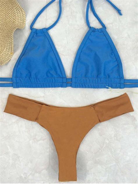 [17 Off] 2021 Bicolor Halter Thong Bikini Set In Wheat Zaful