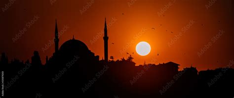 Panoramic Silhouette Of Islam Religion Mosque At Sun Sunset Twilight