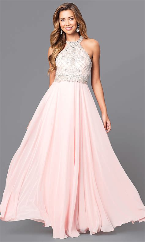 Jeweled High Neck Long Chiffon Prom Dress Promgirl