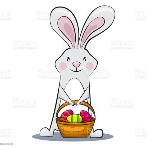 Cute Easter Bunny Holding Egg Basket Vector Cartoon Rabbit Character