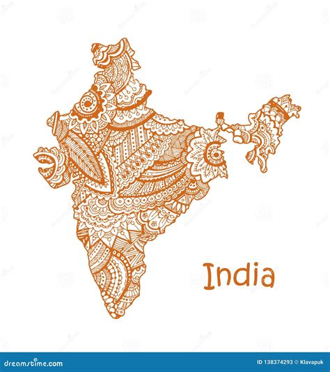 Textured Vector Map Of India Hand Drawn Ethno Pattern Tribal