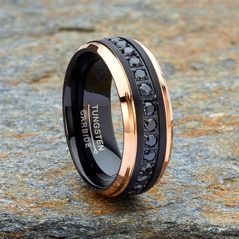 Mens Tungsten Two Toned Wedding Band Black And Rose Gold Cz Comfort Fit