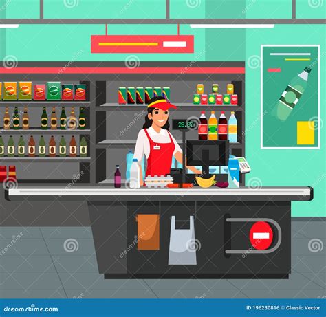 Vector Character Illustration Of Cashier At Supermarket Stock Vector